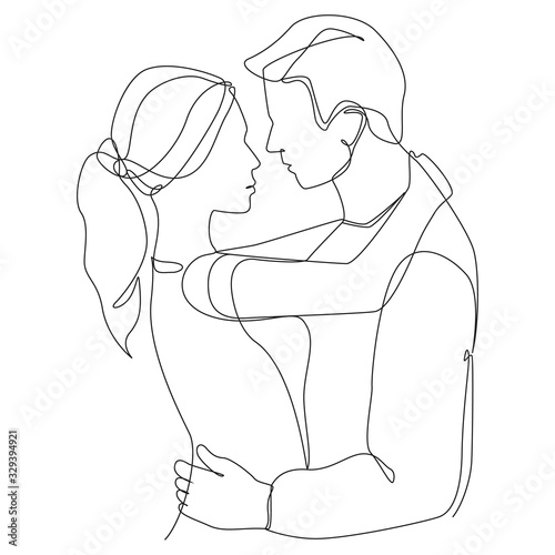Man and woman hugging one line drawing on a white isolated background. Vector illustration