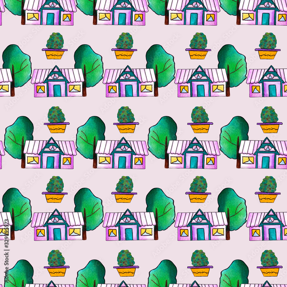 Obraz premium purple and gold house and trees, seamless pattern