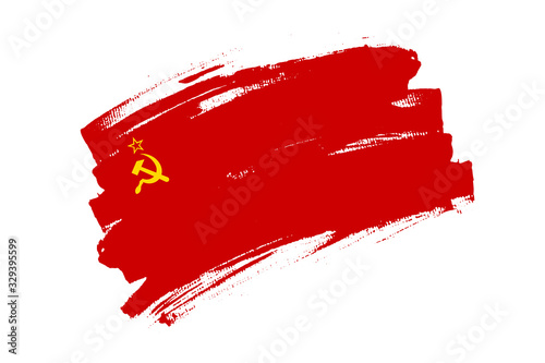 Flag of Union of Soviet Socialist Republics. Soviet Union red banner brush concept with Hammer and Sickle and star. Horizontal vector Soviet flag Illustration isolated on white background.  