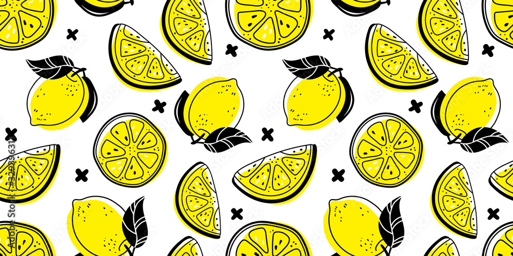 Fototapeta Seamless bright light pattern with Fresh lemons for fabric, drawing labels, print on t-shirt, wallpaper of children's room, fruit background. Slices of a lemon doodle style cheerful background.