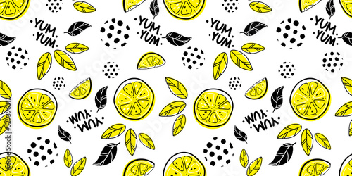 Seamless bright light pattern with Fresh lemons for fabric, drawing labels, print on t-shirt, wallpaper of children's room, fruit background. Slices of a lemon doodle style cheerful background.