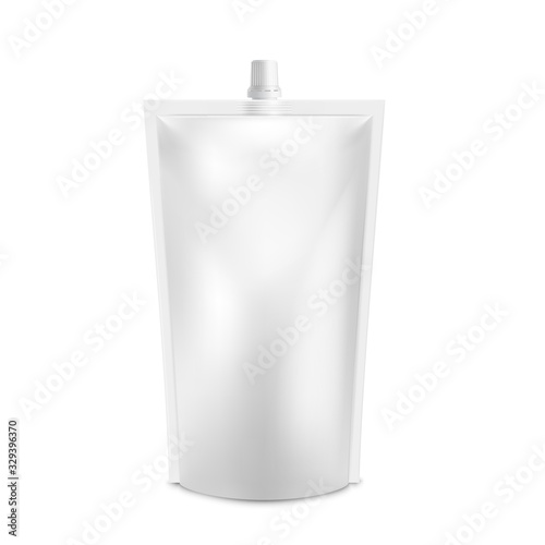 Realistic White Blank Doy Pack Mock up. Vector Doypack template Packing with screw cap. Food Or Drink Bag Packaging With Corner Spout Lid.