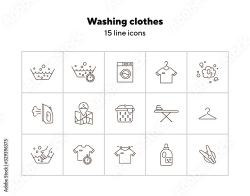 Washing clothes line icon set. Drying, textile, bleaching. Laundry concept. Can be used for topics like housework, laundromat, service