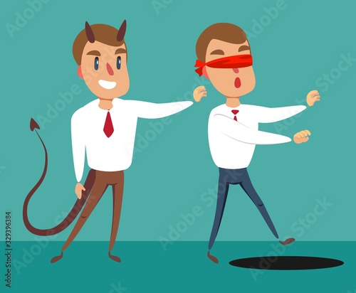 Business man pushing his competitor to the hole. Concept of competition, sabotage and danger of the corporate business world. Vector cartoon illustration.