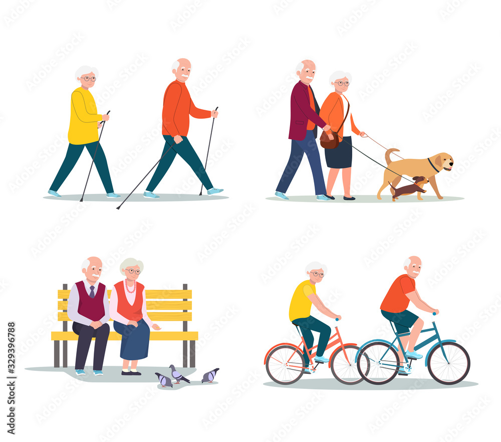 Fototapeta premium Isolated set of senior woman and man walking, riding a bicycle, sitting on bench. Vector flat illustration.