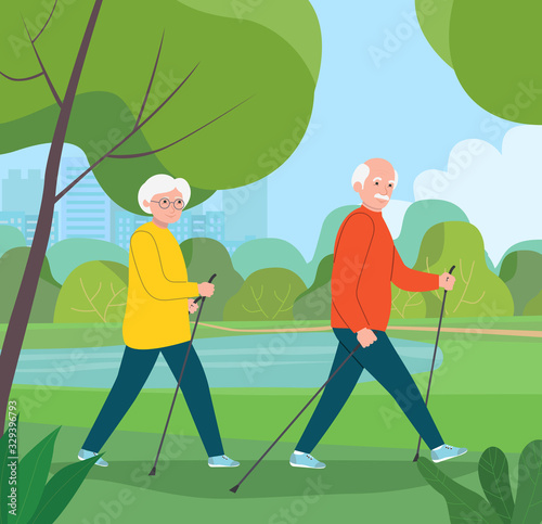 Happy senior couple making nordic walking. Vector flat style illustration