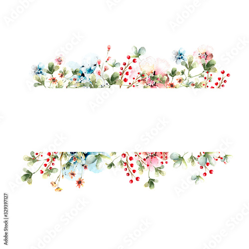  Hand drawing watercolor spring frame of clover leaves and flowers with a bird. illustration isolated on white