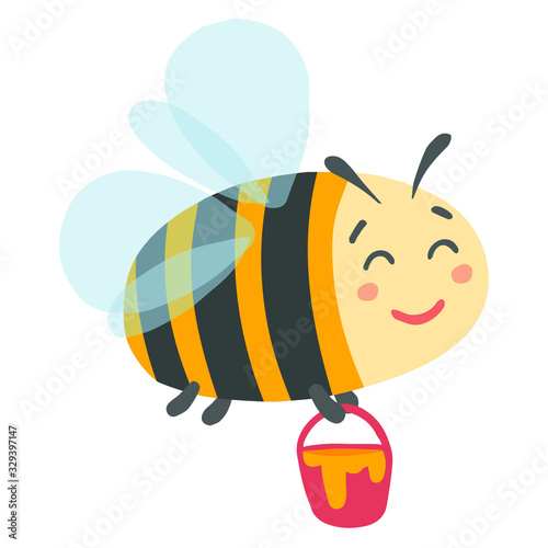Cute bee is flying with a bucket full of honey. Hand drawn happy bee. Adorable character. Vector illustration on a white background. 