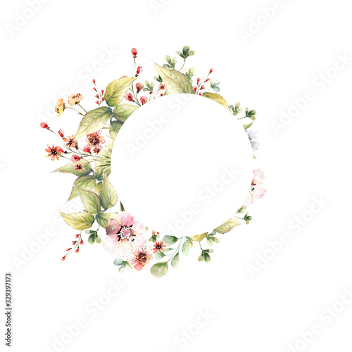  Hand drawing watercolor spring frame of clover leaves and flowers with a bird. illustration isolated on white
