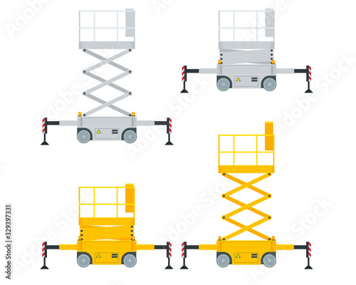 Yellow Engine Powered Scissor Lift isolated on white background. Vector illustration in a flat style. Modern Truck-mounted.