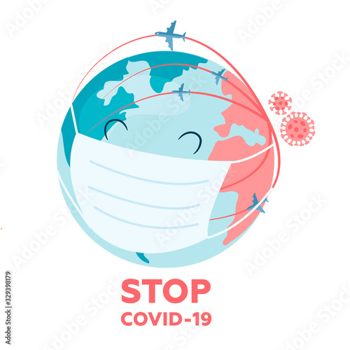 Concept of health care to stop coronavirus outbreak, the earth wearing medical mask to stop the spreading of virus on white background. Flat vector illustration.