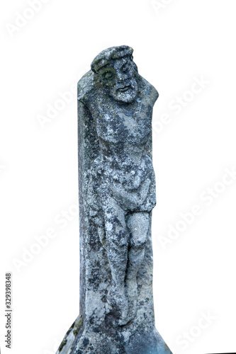 The crucifixion of Jesus Christ. Very old and ancient stone destroyed statue. Isolated on white background.