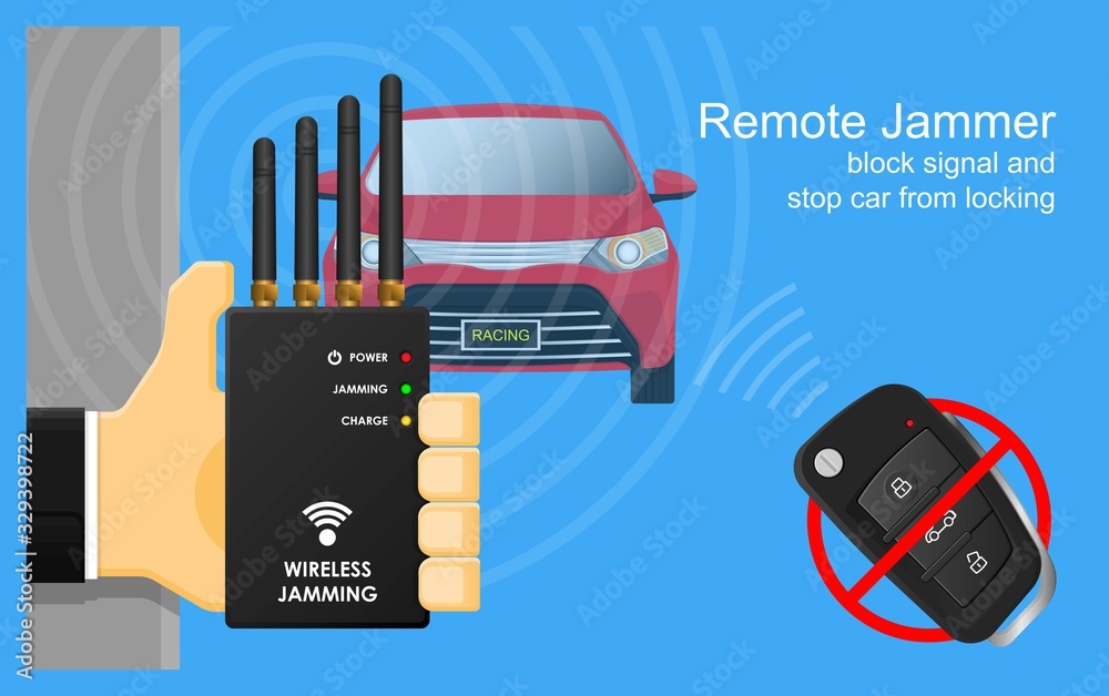 Vecteur Stock Villain Used Remote Jammer Handheld Criminal Electronic  Device for Jamming Block Driver from Locking Car Parking Lot Wireless  Signal Steal Lost Car Digital Hacker Technology illegal Fob Thefts Cops