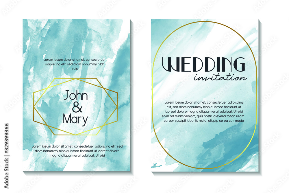 Wedding luxury invitations and Card Template Design with watercolor texture background and Abstract emerald style Vector Illustration.