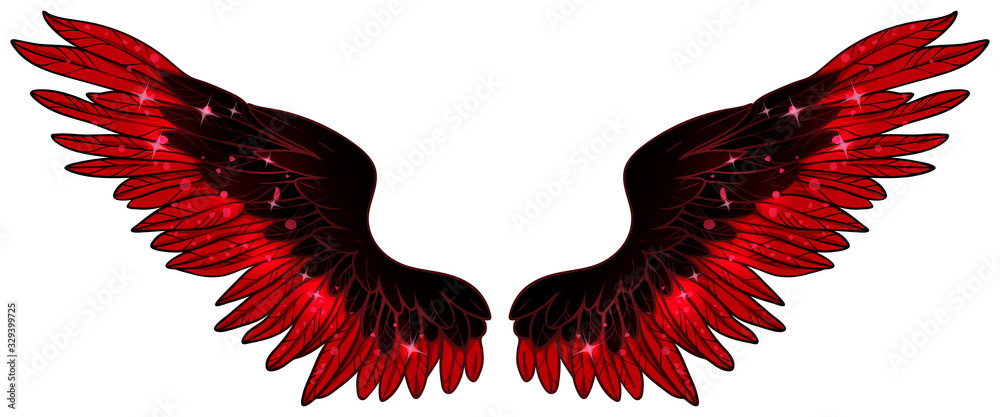 Fototapeta Beautiful glowing black red glittery fiery phoenix wings, vector