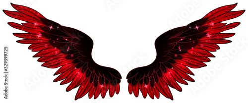 Beautiful glowing black red glittery fiery phoenix wings, vector