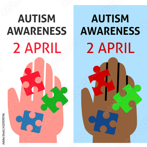 A vertical vector image for a smartphone with a hand holding a puzzle for the autism awareness day. A template for a medicine flyer poster card design 