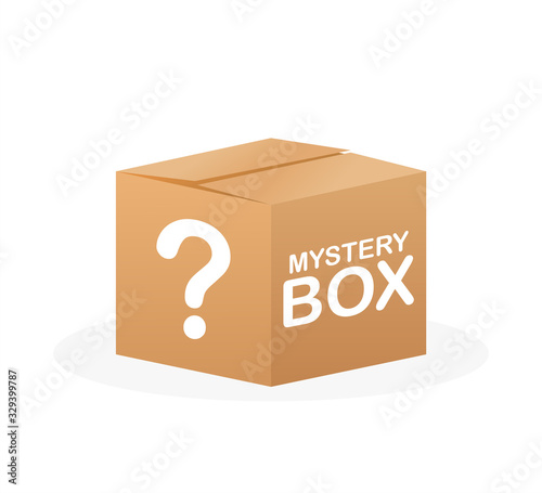 Mystery box. Packaging for concept design. Surprise present. Package design. Help symbol. Question mark icon. Vector stock illustration.