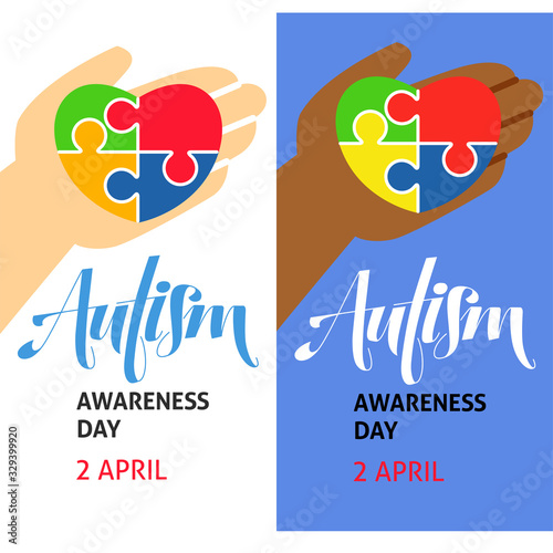 A vertical vector image for a smartphone with a hand holding a puzzle for the autism awareness day. A template for a medicine flyer poster card design 