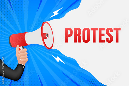 Hand Holding Megaphone with Protest. Megaphone banner. Web design. Vector stock illustration