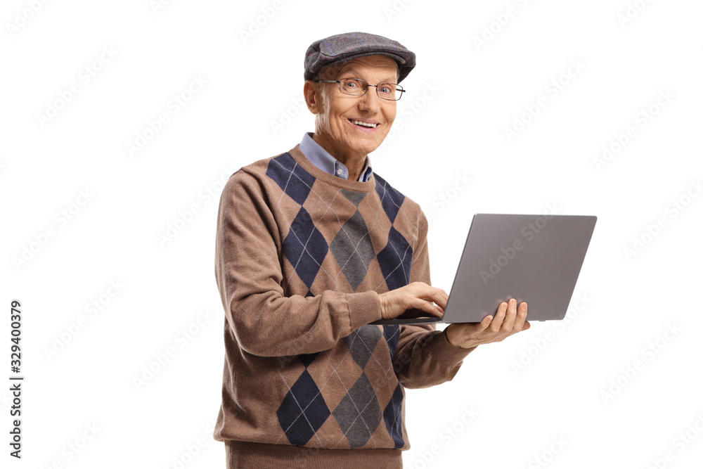 Senior with a laptop and looking at the camera Senior with a laptop and looking at the camera