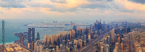 Photography Aerial view of Dubai Downtown skyline, highway roads or street in United Arab Emirates or UAE