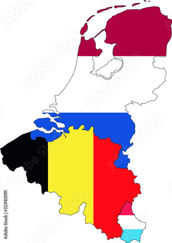 Vector illustration of the Map of Benelux (with national flags of member states)