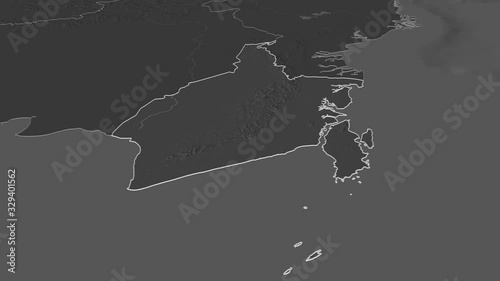 Kalimantan Selatan, province with its capital, zoomed and extruded on the bilevel map of Indonesia in the conformal Stereographic projection. Animation 3D photo