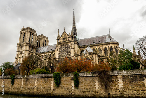 A view of Notre-Dame de Paris cathedral in autumn after rain, Paris, France