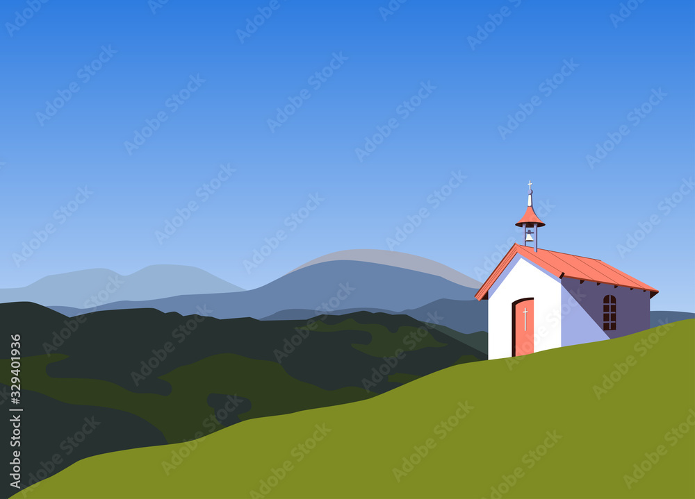 Small rural church in mountains flat color vector