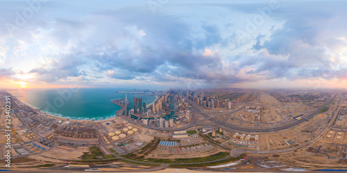 Photography 360 panorama by 180 degrees angle seamless panorama of aerial view of Dubai Downtown skyline and highway, United Arab Emirates or UAE