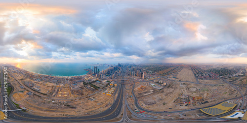 Photography 360 panorama by 180 degrees angle seamless panorama of aerial view of Dubai Downtown skyline and highway, United Arab Emirates or UAE