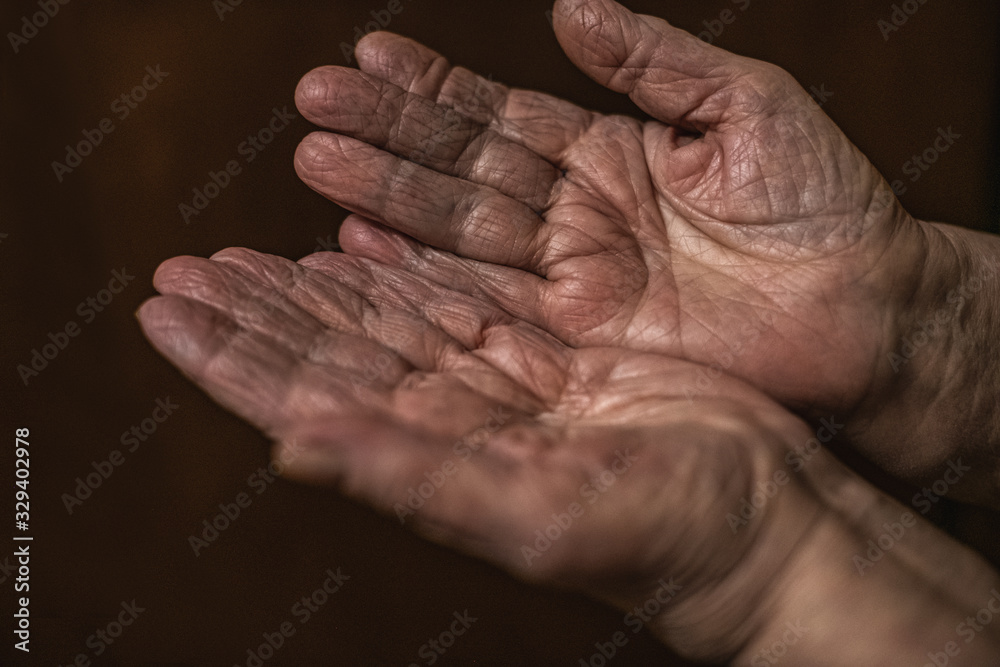 Human hands are the wrinkled hands of an adult, a grandmother over 90 years old.