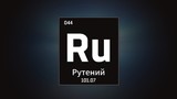 3D illustration of Ruthenium as Element 44 of the Periodic Table. Grey illuminated atom design background orbiting electrons name, atomic weight element number in russian language