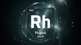 3D illustration of Rhodium as Element 45 of the Periodic Table. Green illuminated atom design background orbiting electrons name, atomic weight element number in russian language