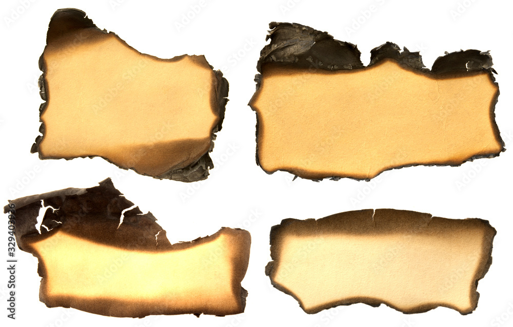 set of torn and burned paper or cardboard