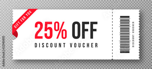 Discount voucher, gift coupon template with ruffle edges. White coupon mockup with 25 percent off photo