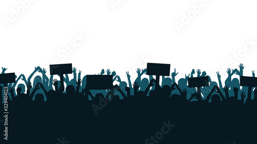 Protest and strike, demonstration and revolution concept. Silhouettes of crowd of people with raised up hands and flags. Political and human rights protest