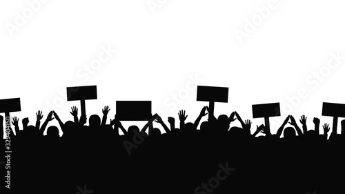 Protest and strike, demonstration and revolution concept. Silhouettes of crowd of people with raised up hands and flags. Political and human rights protest