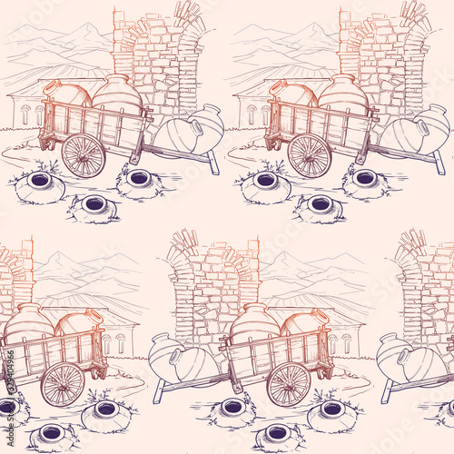 Seamless pattern. Georgian traditional vineyard with kvevri. Countriside panorama on a background. Monochrome sketch style drawing. EPS10 vector illustration