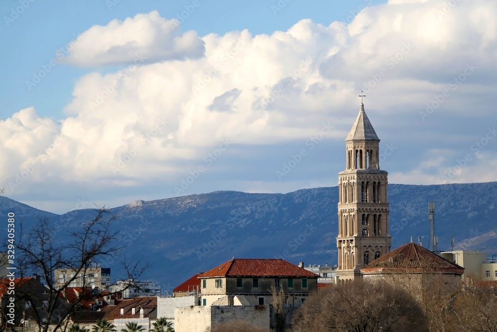 Landmark Saint Domnius bell tower and historic architecture in Split, Croatia.