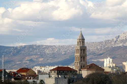 Landmark Saint Domnius bell tower and historic architecture in Split  Croatia.