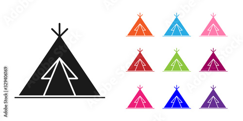 Black Traditional indian teepee or wigwam icon isolated on white background. Indian tent. Set icons colorful. Vector Illustration