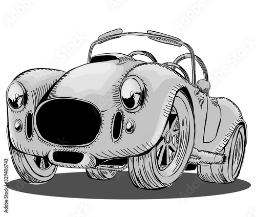 Cartoon sporty retro car convertible. Black-white vector illustration in isolation, on a white background.