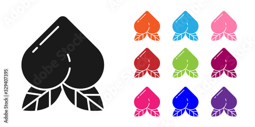 Black Peach fruit or nectarine with leaf icon isolated on white background. Set icons colorful. Vector Illustration