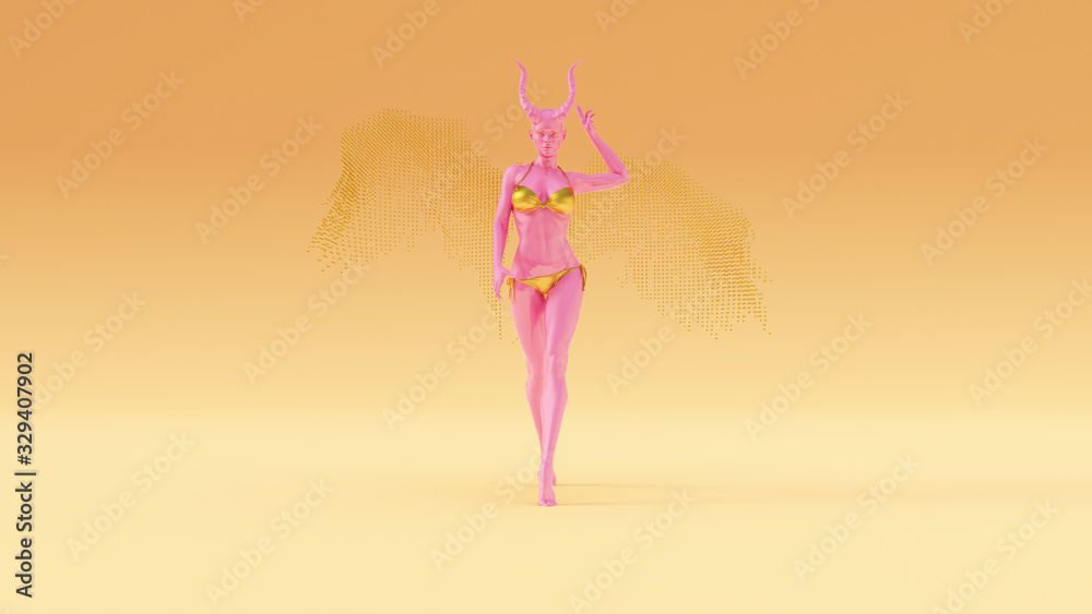 Obraz premium Pink an Gold Devil Angel with Horns Walking in a Bikini Top an Bottom with Wings Formed out of Small Spheres Warm Cream Background Front View 3d Illustration 3d render