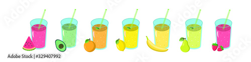 Set of smoothies in glass glasses with tubes and fruit. Superfoods and health. Detox diet. Flat vector illustration.