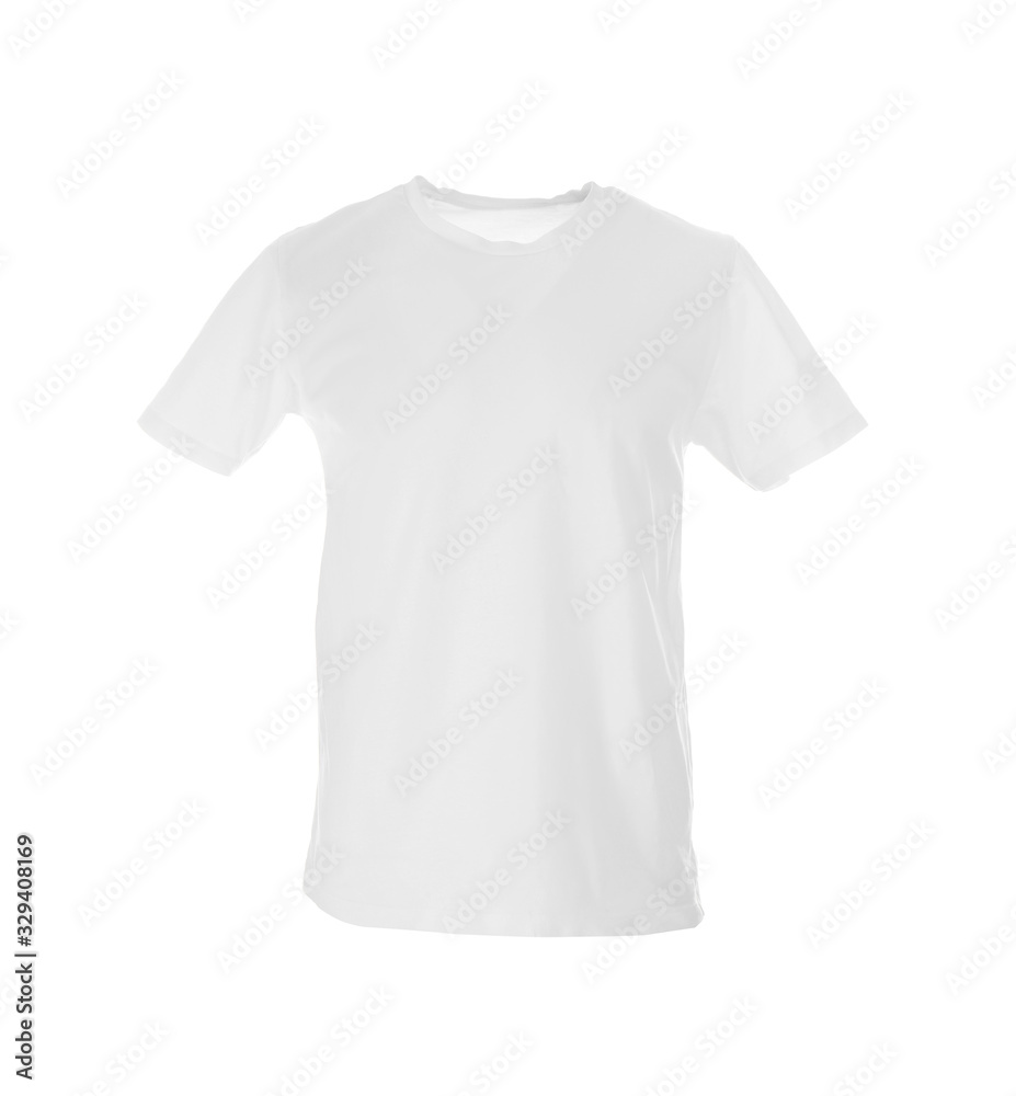Stylish t-shirt on mannequin against white background. Men's clothes