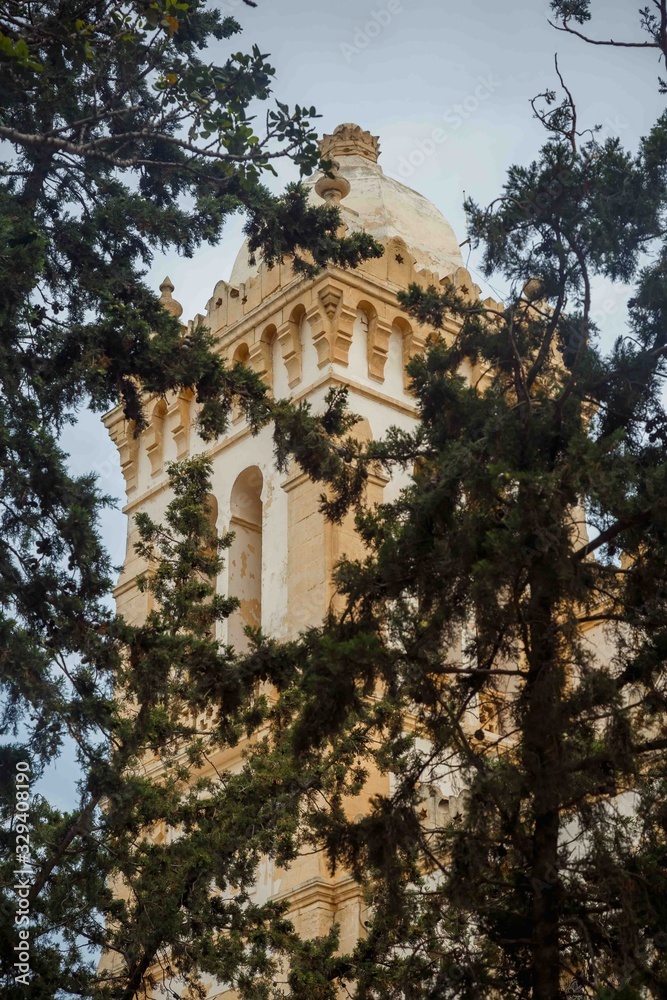 Tower of catholic cathedral of St. Louis in Carthage, Tunisia, view through the leaves of trees