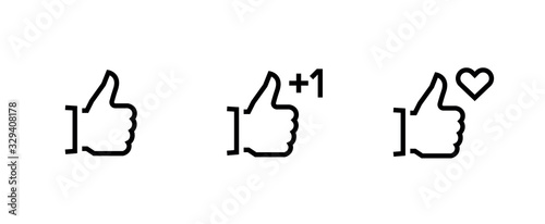 Set of three icons hand thumb up. Editable vector line isolated on a white background.